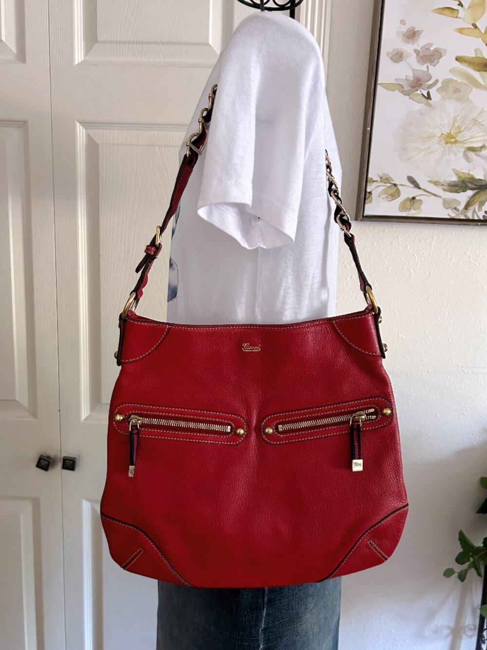 Gucci Red Leather Shoulder Bag with Gold Hardware